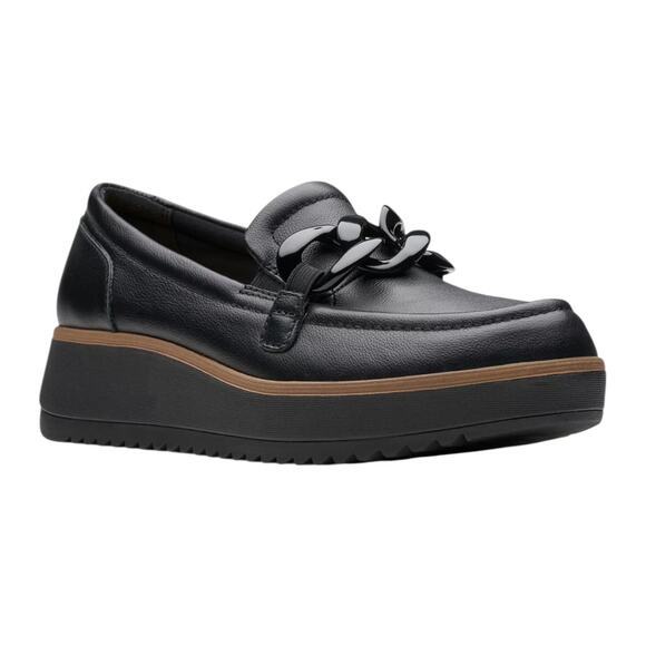 Clarks Women's Zylah May Leather Low Wedge Heel Loafers Black Size 7 - Picture 1 of 5